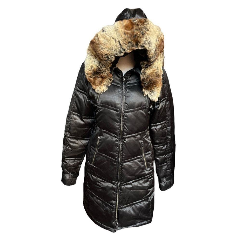 Laundry by Design Rabbit Fur Hooded Down Puffer Jacket Black Size Medium